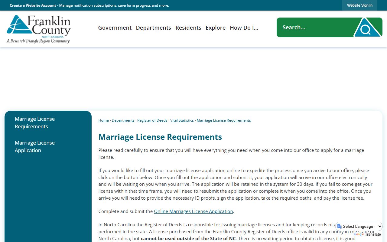 Franklin County marriage records license requirements