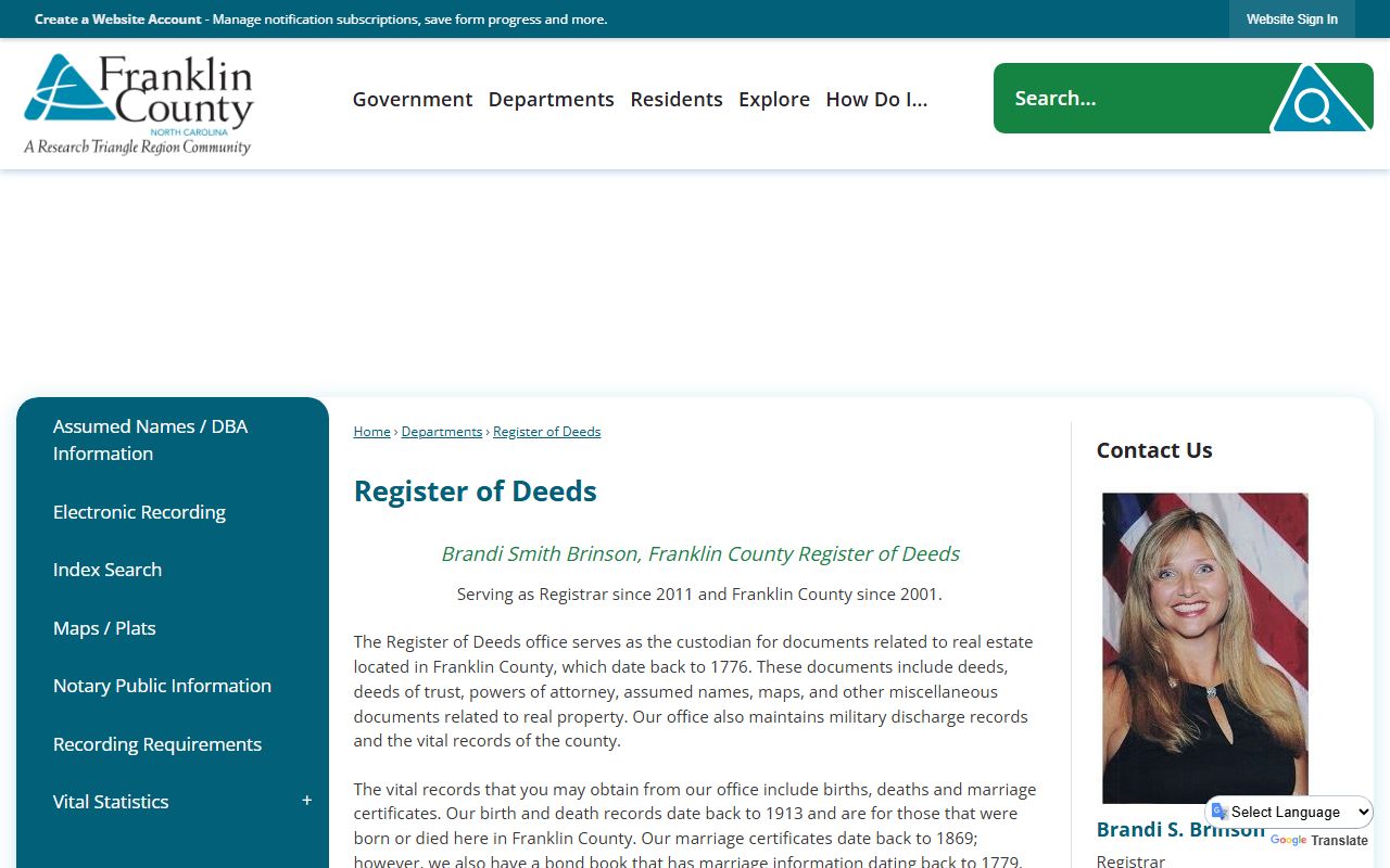 Franklin County marriage records Register of Deeds page