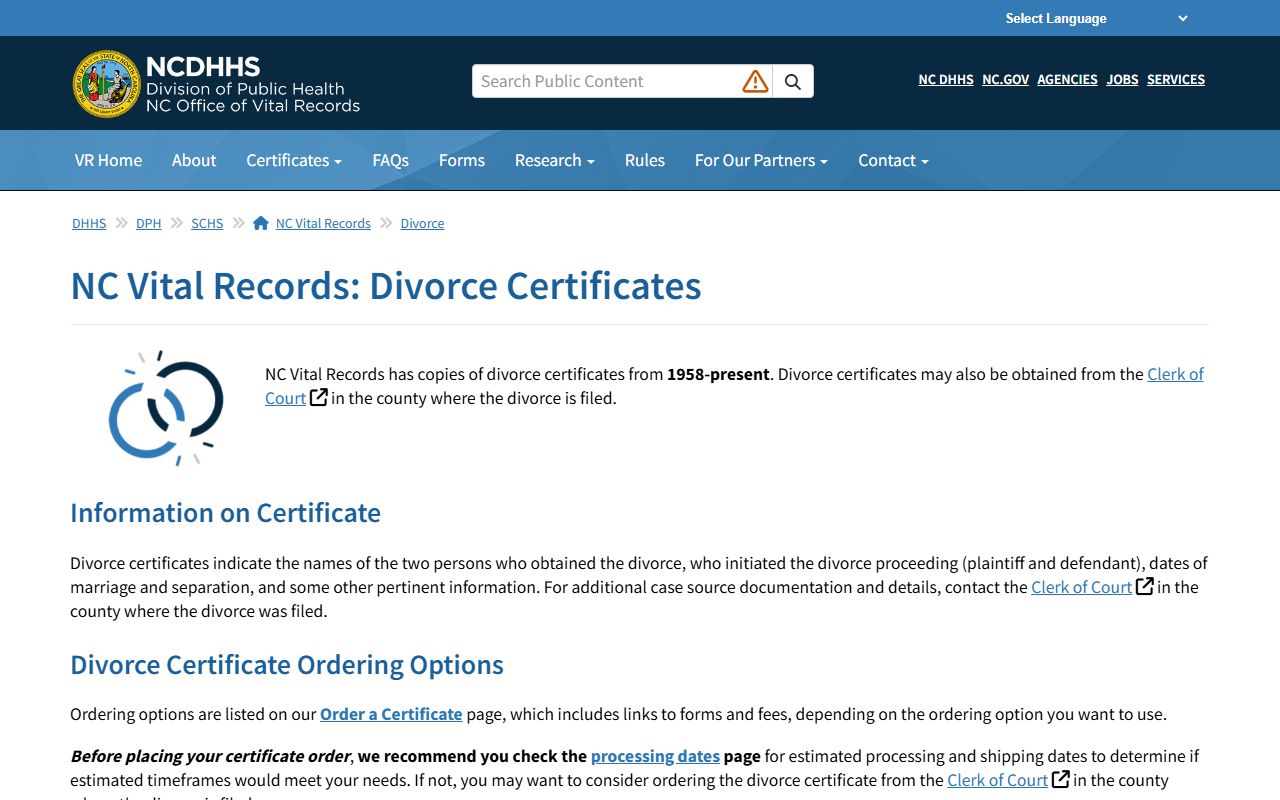 Franklin County divorce records NC Vital Records certificate page