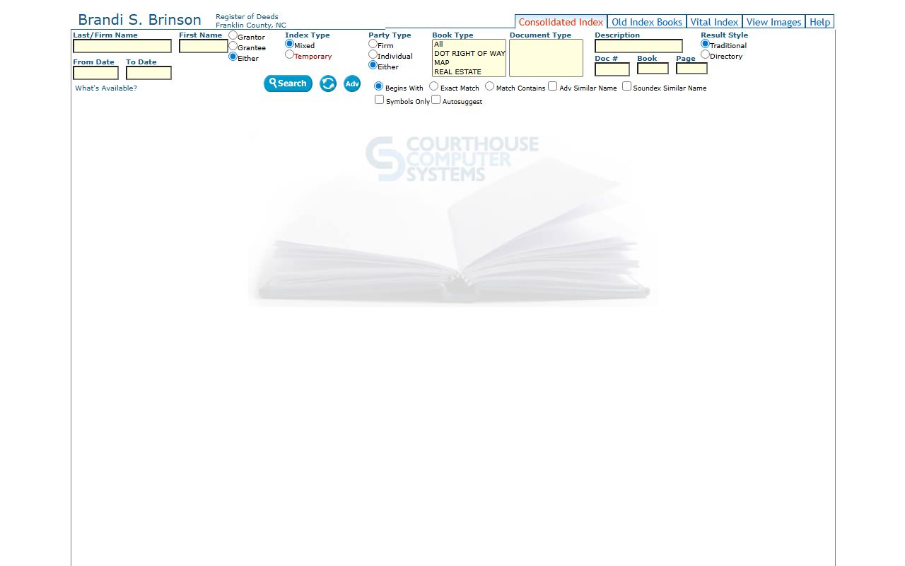 Franklin County probate records Register of Deeds search application