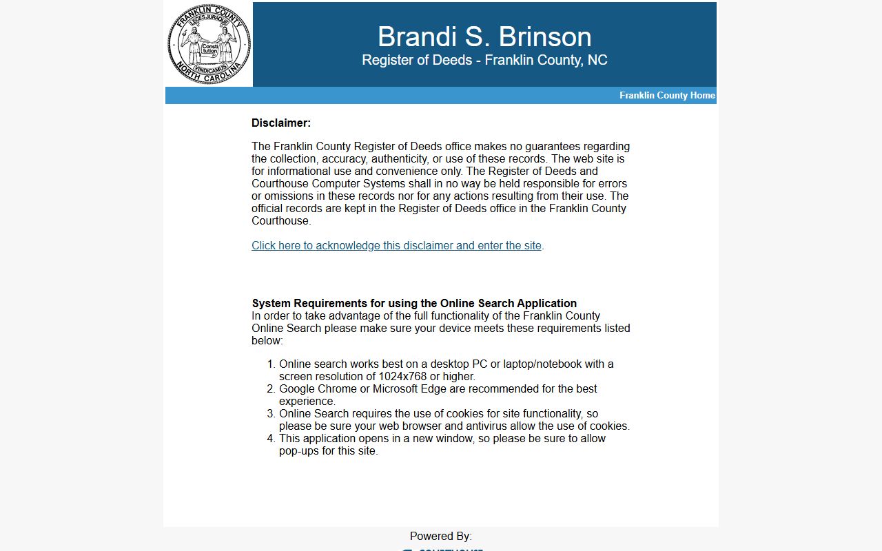 Franklin County probate records Register of Deeds online disclaimer