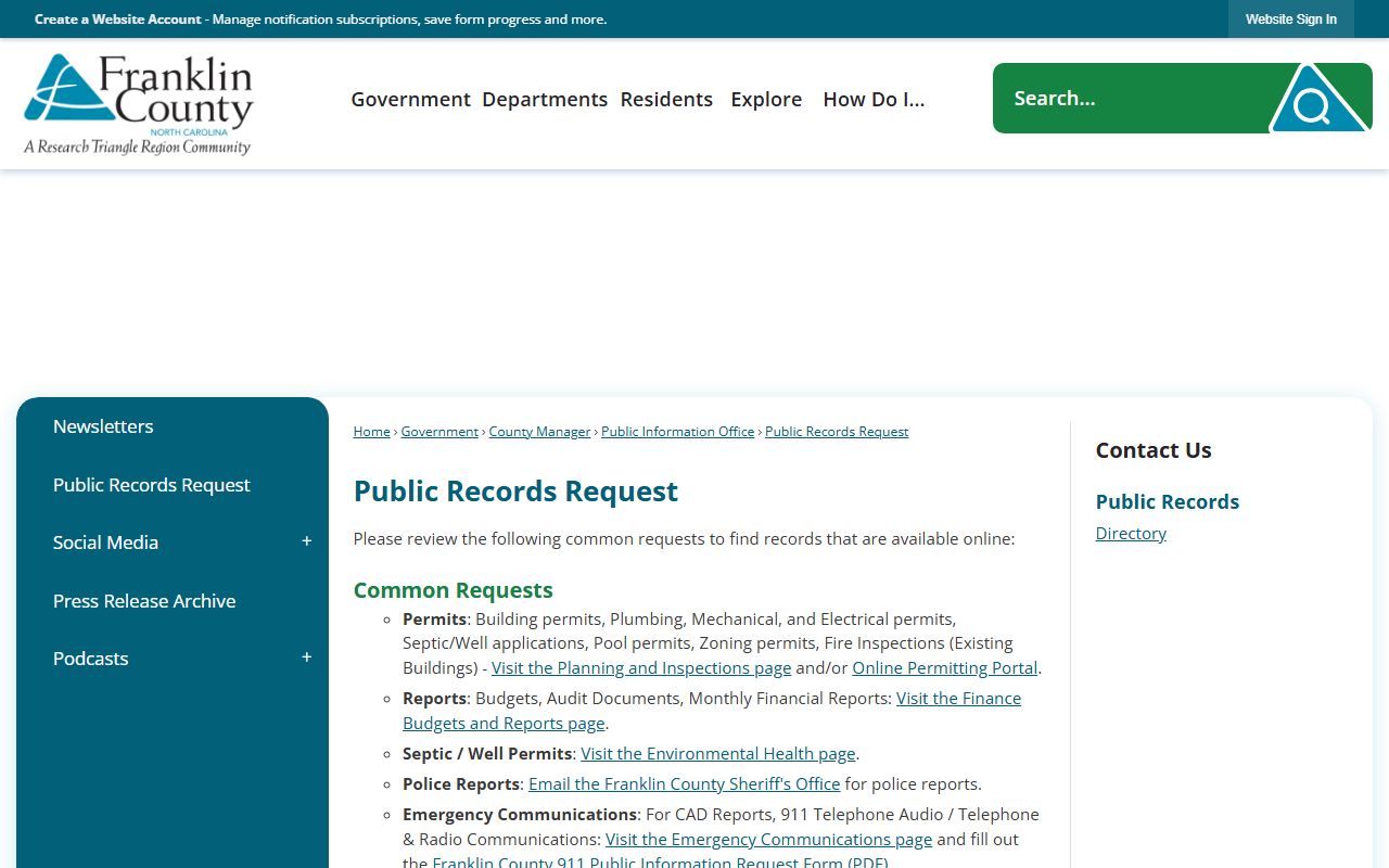 Franklin County warrant records public records request page